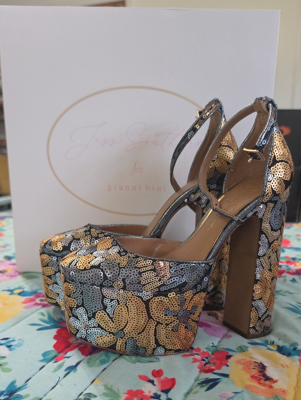 Gianni Bini Gold, Silver & Blue Sequin Floral Platform Heels